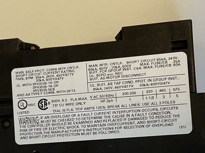 SIEMENS 3RV2011-1GA10 CONTACTOR 82A CLASS10 CAT.A 50/60HZ ***LOTOF2***
