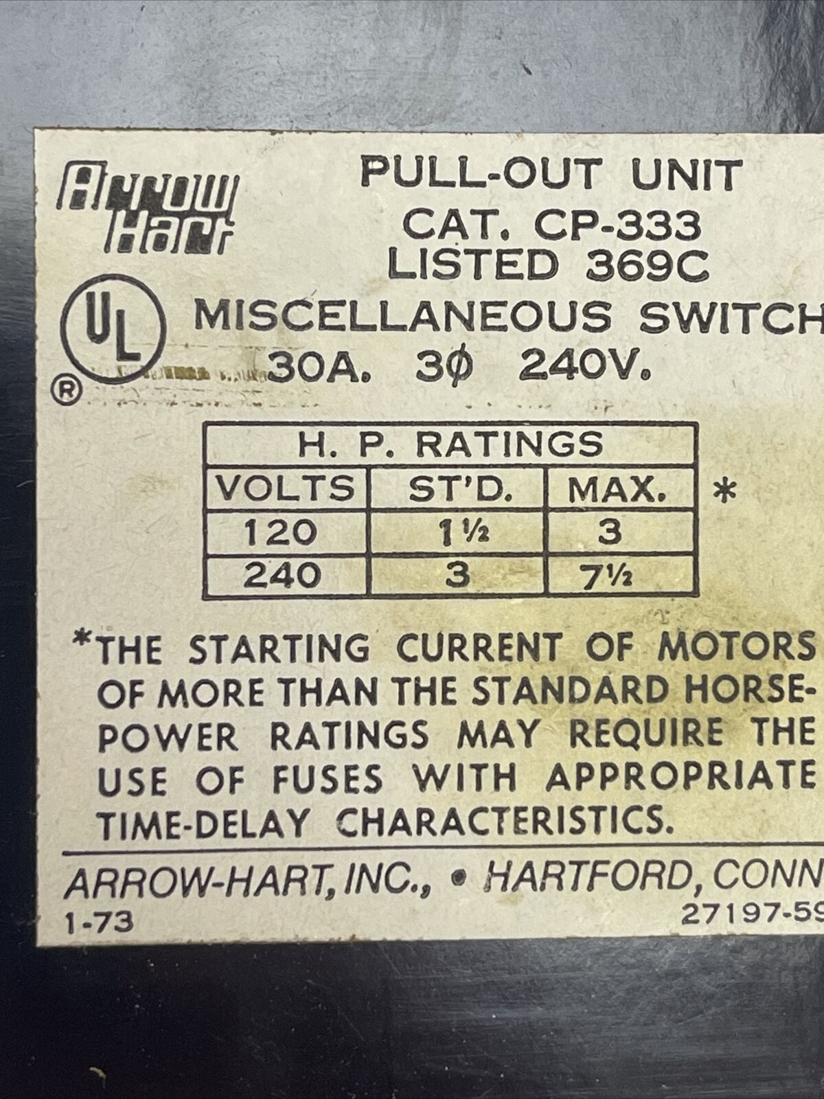 ARROW HART CP-333 PULL-OUT UNIT MISCELLANEOUS SWITCH 30A 240V 7.5HP