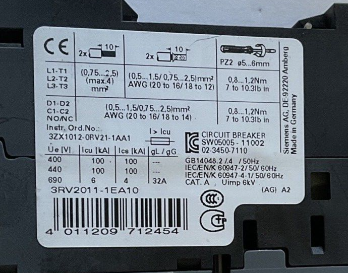 SIEMENS 3RV2011-1EA10 CONTACTOR 52A CLASS 10 50/60HZ