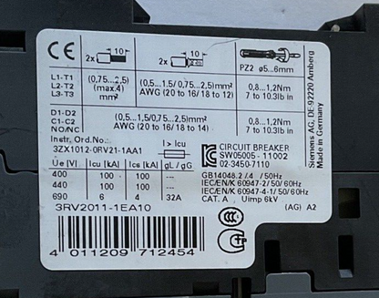 SIEMENS 3RV2011-1EA10 CONTACTOR 52A CLASS 10 50/60HZ