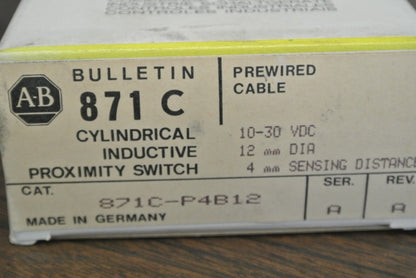 ALLEN-BRADLEY 871C-P4B12 CYLINDRICAL INDUCTIVE PROXIMITY SWITCH / 10-30VDC 12mm