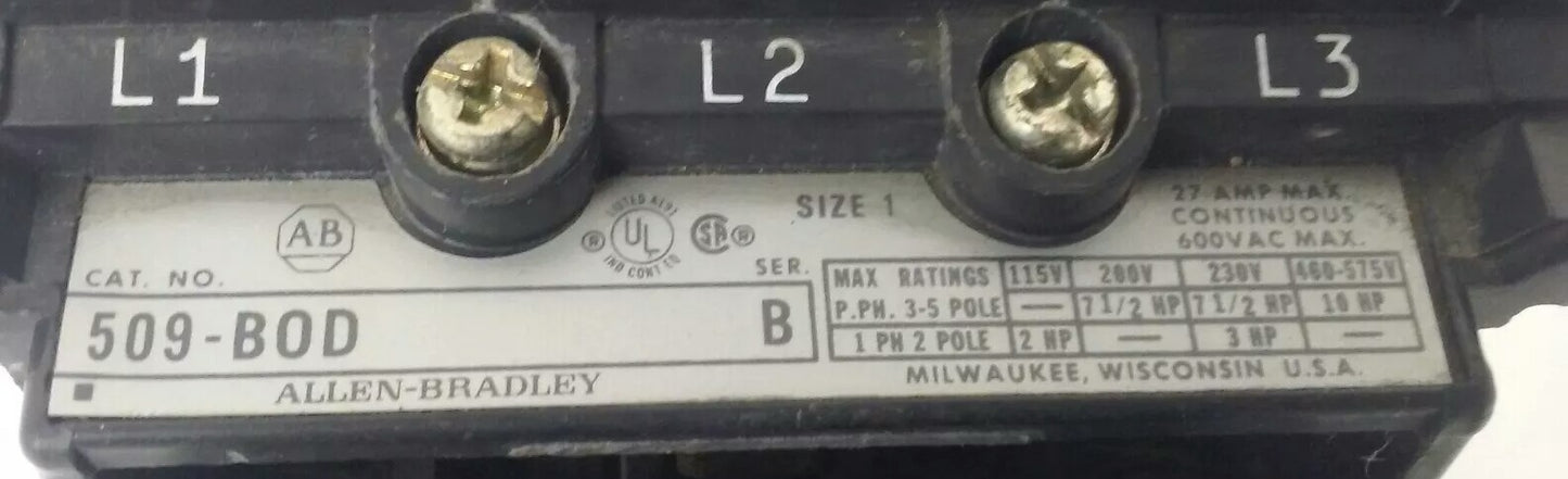 ALLEN BRADLEY 509-BOD SERIES B, SIZE 1, MOTOR STARTER, 27A, 600V,3-5P, 120V COIL