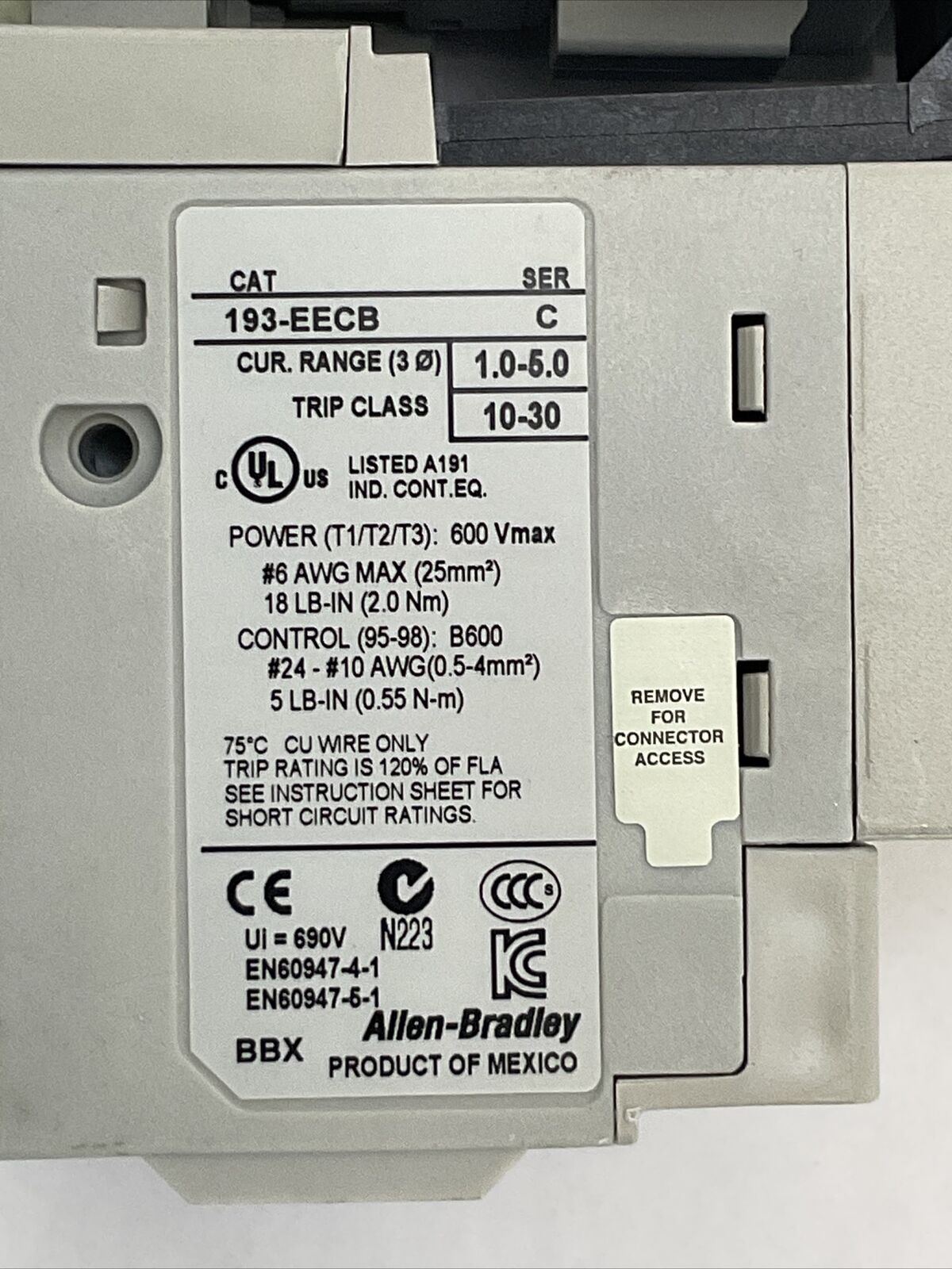 ALLEN BRADLEY 309-AOEJ-EEC (300-AOE*930+193-EECB) 600VAC 18A 3PH 5HP COIL 24VDC