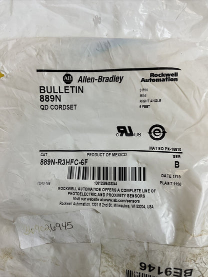 ALLEN BRADLEY 889N-R3HFC-6F QD CORDSET 3PIN 6FT. MINI RIGHT ANGLE SER.B