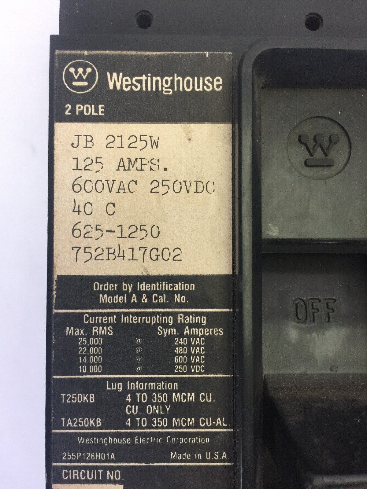 WESTINGHOUSE JB2125W CIRCUIT BREAKER 125AMPS 600VAC 250VDC 2 POLE