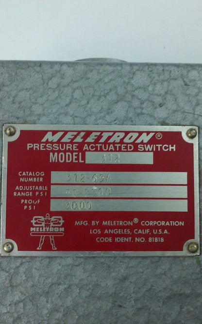 MELETRON 312 PRESSURE ACTUATED SWITCH CAT NUMBER 312-65A