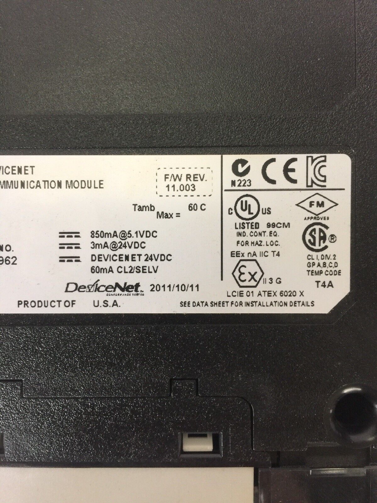 ALLEN BRADLEY 1756-DNB DEVICENET COMMUNICATION MODULE SER D 24VDC F/W REV 11.003