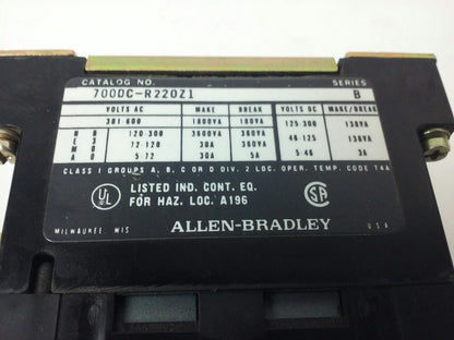 ALLEN BRADLEY 700DC-R220Z1 SER.B, 600V, 30A, 115-125V DC COIL, MISSING PARTS