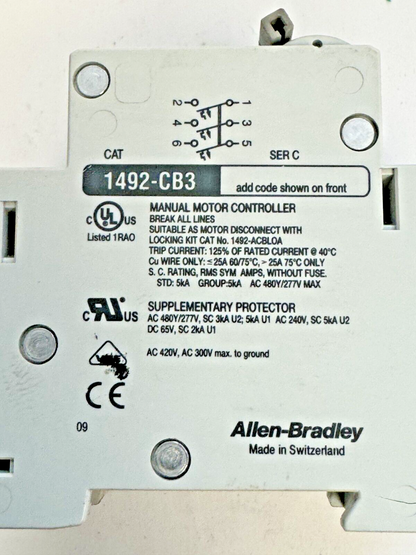 ALLEN-BRADLEY - 1492-CB3-G020 SER. C - MOTOR CONT. - 3P, 2 A, 277 V, 3/4 HP, 3PH