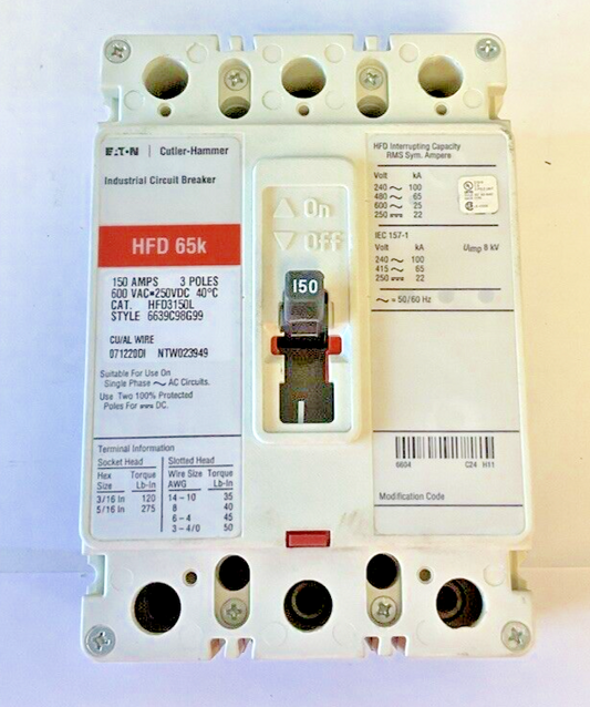 CUTLER HAMMER HFD3150L CIRCUIT BREAKER HFD 65K 150AMP 250VDC 600VAC 3POLE