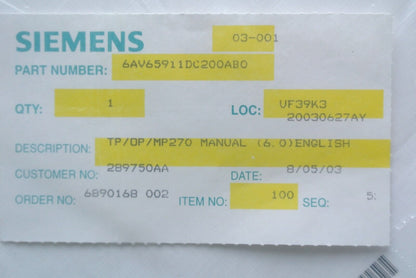 SIEMENS 6AV6591-1DC20-0AB0 SIMATIC HMI EQUIPMENT MANUAL - TP270/OP, 270/MP, 270B