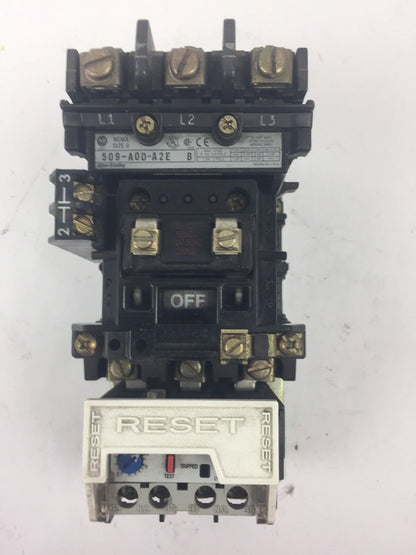 ALLEN BRADLEY 509-A0D-A2E SIZE 0 STARTER 600VAC 18AMP SER B 592-A2EA 1.6-5.0A