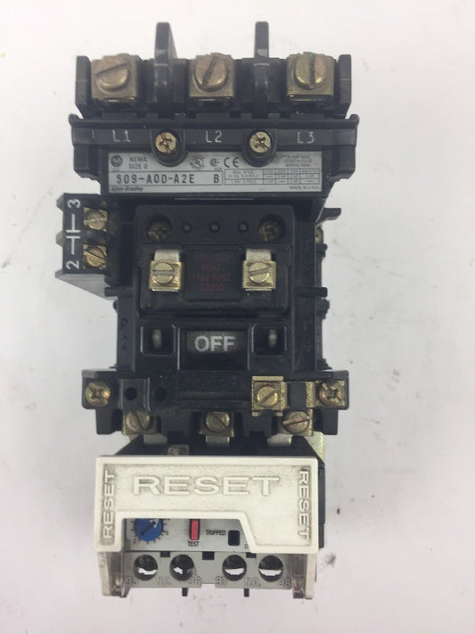 ALLEN BRADLEY 509-A0D-A2E SIZE 0 STARTER 600VAC 18AMP SER B 592-A2EA 1.6-5.0A