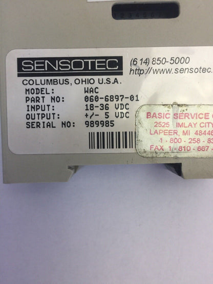 SENSOTEC MODEL WAC PART NO. 060-6897-01 INPUT 18-36VDC OUTPUT +/- 5VDC MODULE