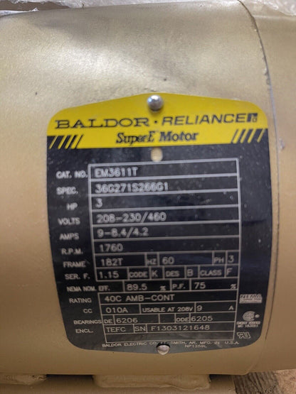 BALDOR EM3611T - SUPER-E Motor -3 Hp 3 Phase 230/460V 1760 RPM 182T Frame