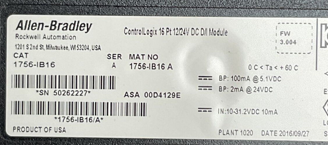 ALLEN BRADLEY 1756-IB16 SER A FW 3.004 CONTROL LOGIX 16PT 12/24VDC DIGITAL INPUT