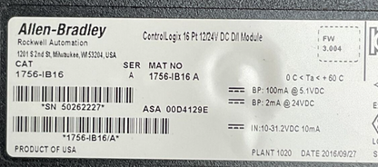 ALLEN BRADLEY 1756-IB16 SER A FW 3.004 CONTROL LOGIX 16PT 12/24VDC DIGITAL INPUT