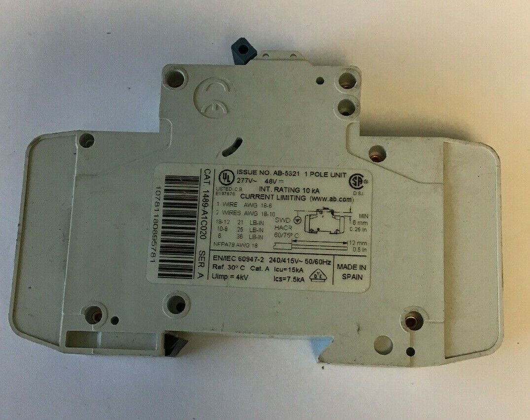 ALLEN BRADLEY 1489-A1C020 SER.A  2A 277VAC/48VDC 1POLE CIRCUIT BREAKER (LOTOF 3)