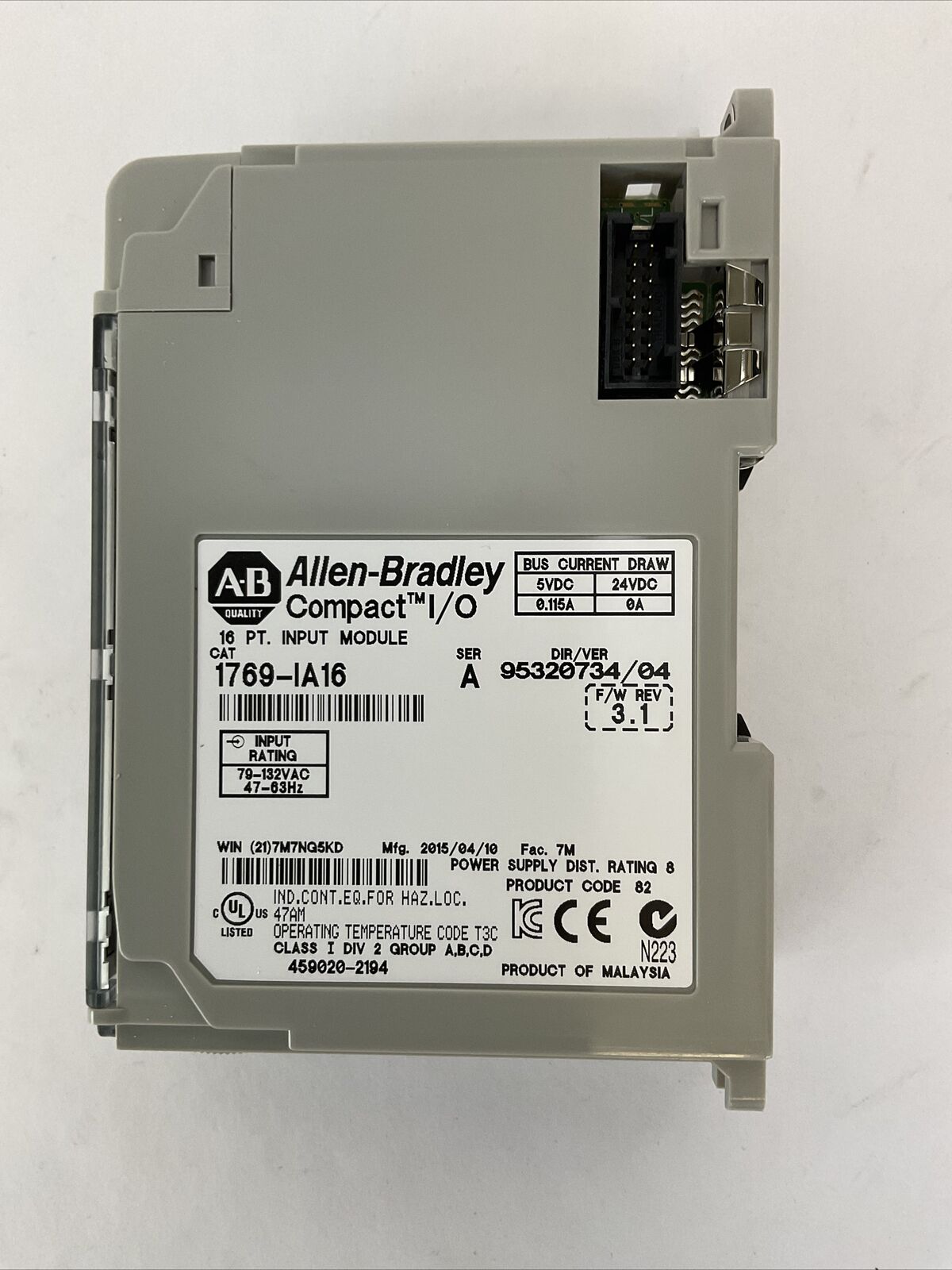 ALLEN BRADLEY 1769-IA16 DIR/VER 95320734/04 F/W REV 3.1 SER A 16PT INPUT MODULE