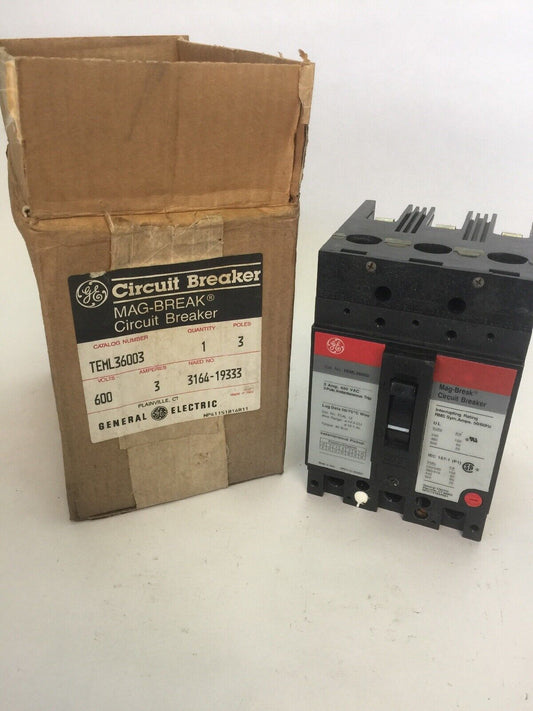 GE TEML36003 MAG-BREAK CIRCUIT BREAKER 3AMP 600VAC 3 POLE INSTANTANEOUS TRIP