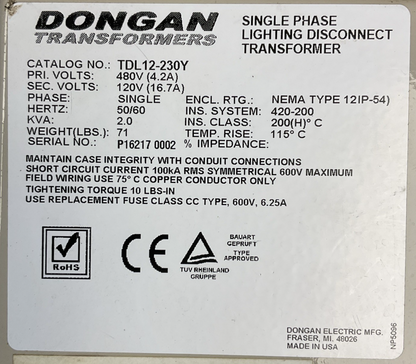 DONGAN TDL12-230Y SINGLE PHASE LIGHTING DISCONNECT TRANSFORMER 2KVA PRI 480V SEC