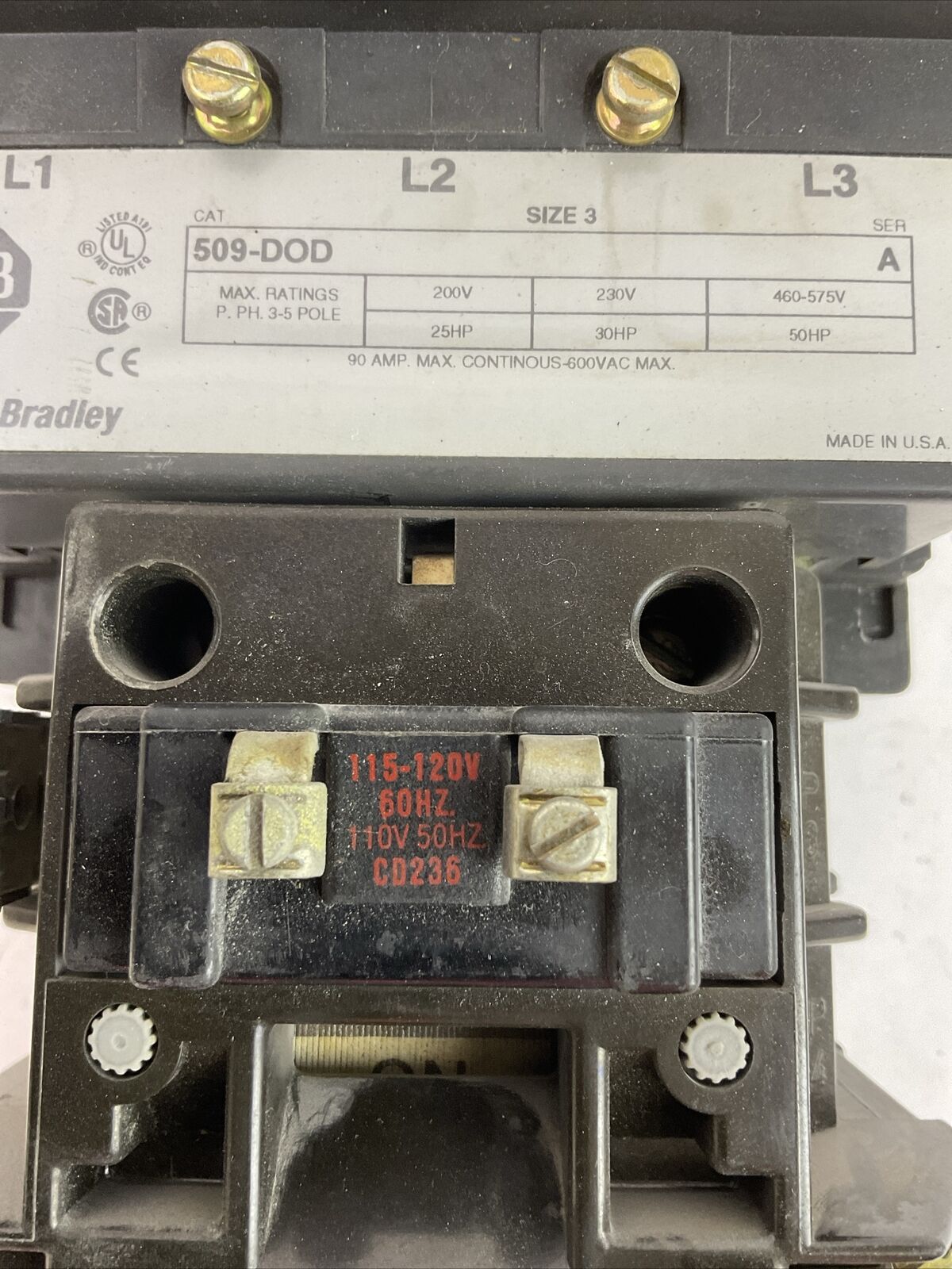 ALLEN BRADLEY 509-DOD SIZE 3 STARTER 600VAC 90A 50HP COIL 115-120V W/W65 HEATERS