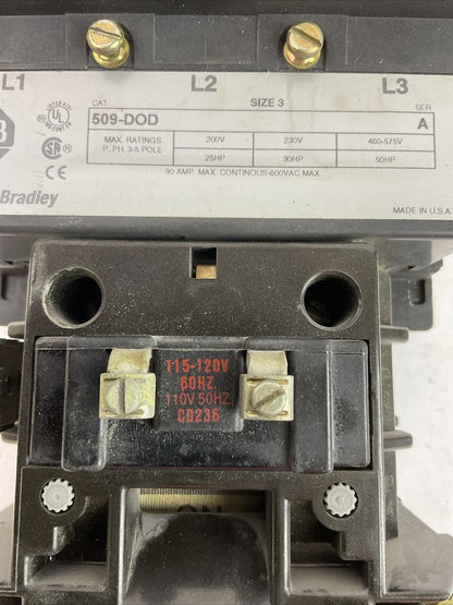 ALLEN BRADLEY 509-DOD SIZE 3 STARTER 600VAC 90A 50HP COIL 115-120V W/W65 HEATERS