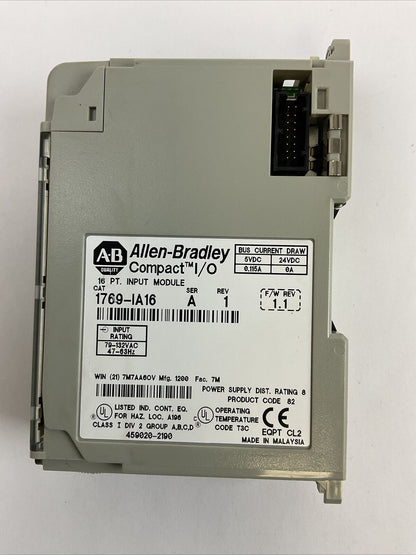 ALLEN BRADLEY 1769-IA16 SER A REV 1 F/W REV 1.1 16PT INPUT MODULE 115VAC
