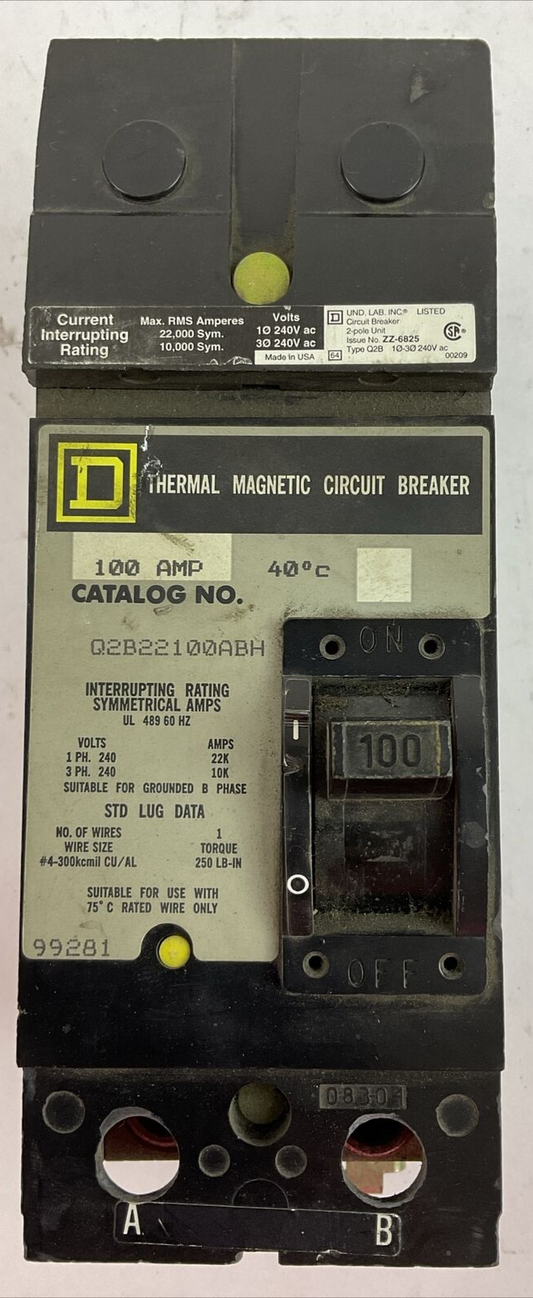 SQUARE D Q2B22100ABH 2POLE THERMAL MAGNETIC CIRCUIT BREAKER 100AMP 240VAC