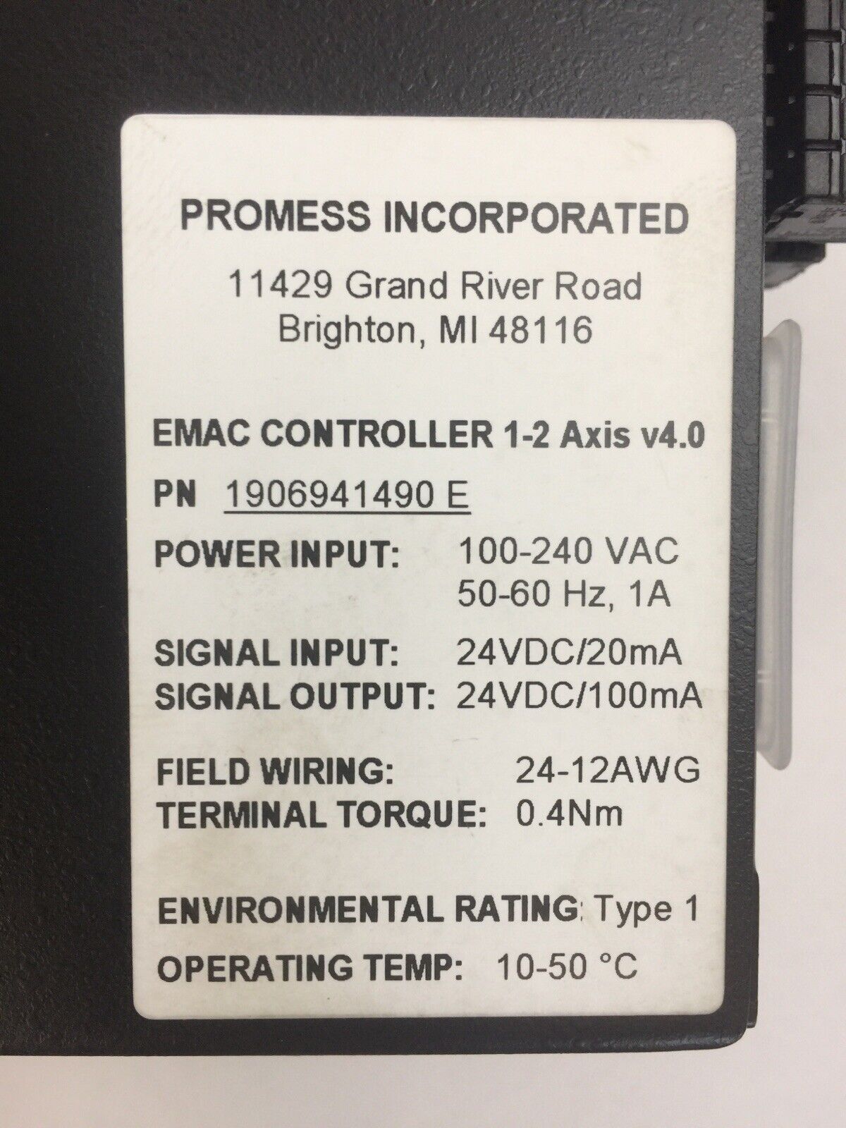 PROMESS 1906941490E EMAC CONTROLLER 1-2 AXIS v4.0 OUTPUT 24VDC INPUT 100-240VAC