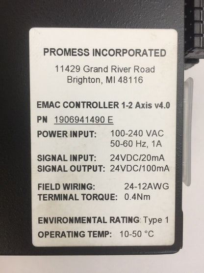 PROMESS 1906941490E EMAC CONTROLLER 1-2 AXIS v4.0 OUTPUT 24VDC INPUT 100-240VAC