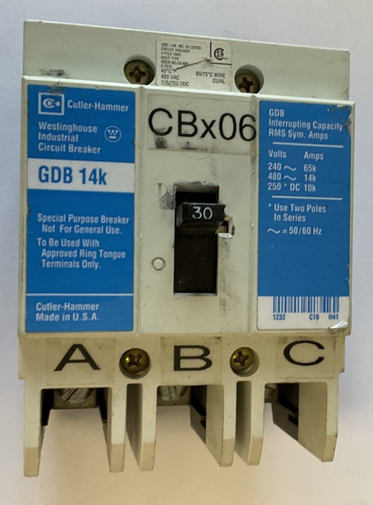 WESTINGHOUSE GDB 14K CIRCUIT BREAKER 30A 480VAC 3POLE 50/60HZ