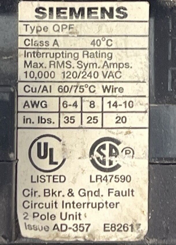 SIEMENS QPF240 CIRCUIT BREAKER GROUND FAULT 2POLE 40AMP 120/240VAC CLASS A