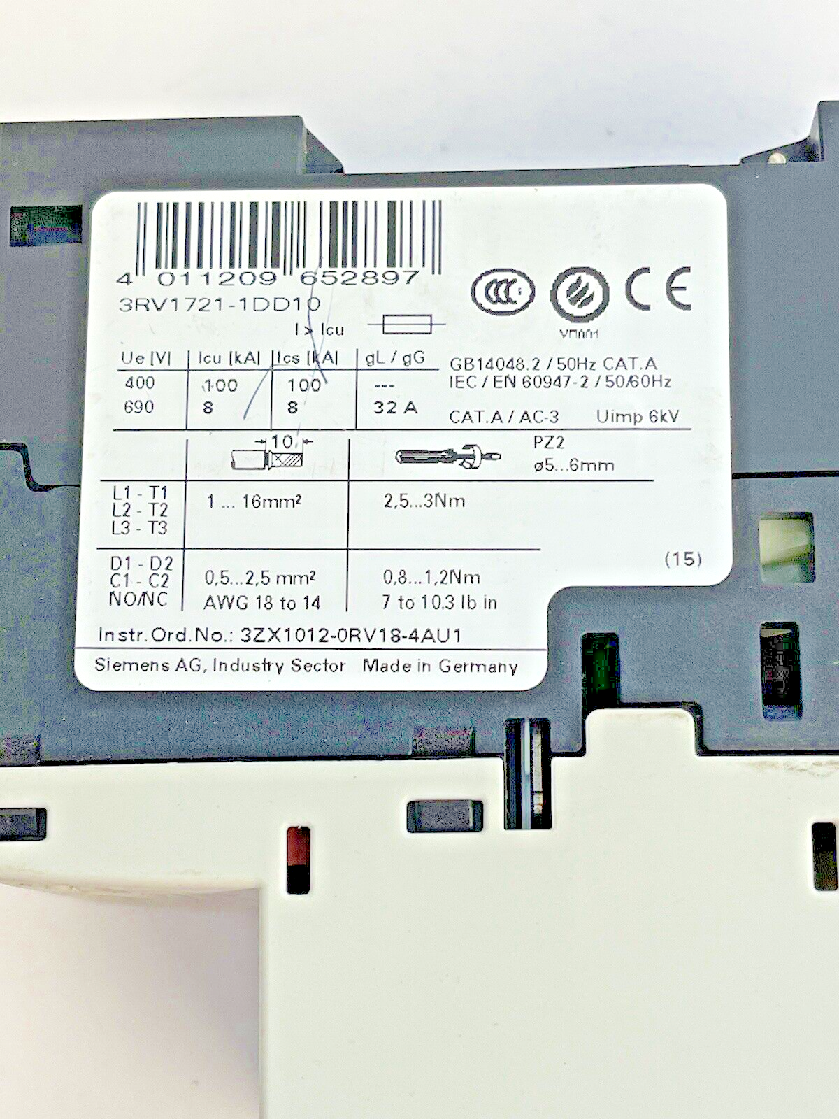 SIEMENS - 3RV1721-1DD10 - CIRCUIT BREAKER / PLANT PROTECTOR