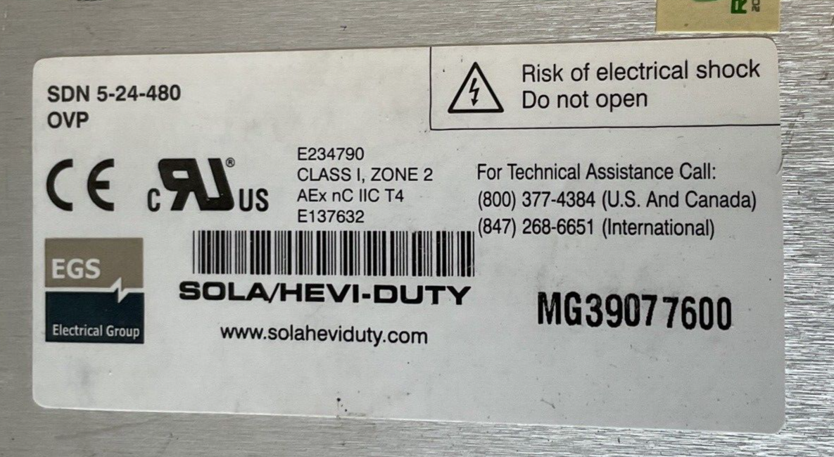 SOLA/HEVI-DUTY SDN5-24-480 POWER SUPPLY 3PH 380/500VAC 0.5/0.4A 50/60HZ 24VDC 5A