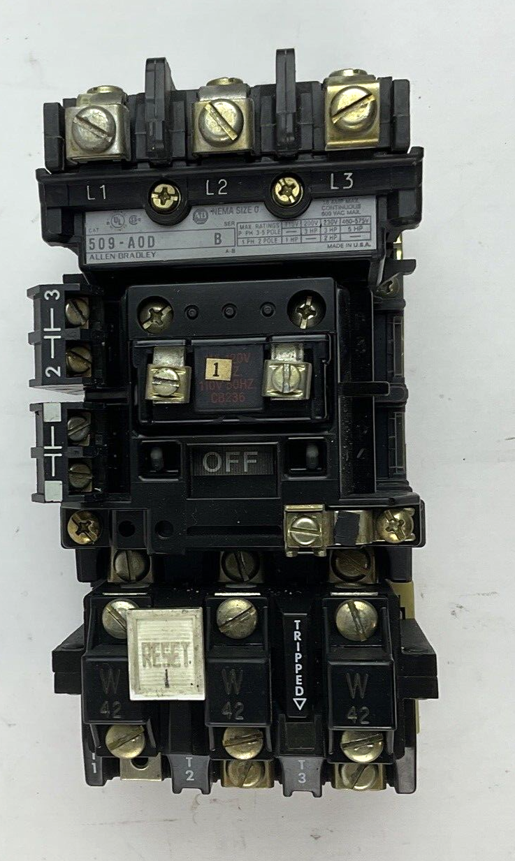 ALLEN BRADLEY 509-A0D STARTER SER.B W/CB236 COIL & AUX. CONTACT 595-A(2)