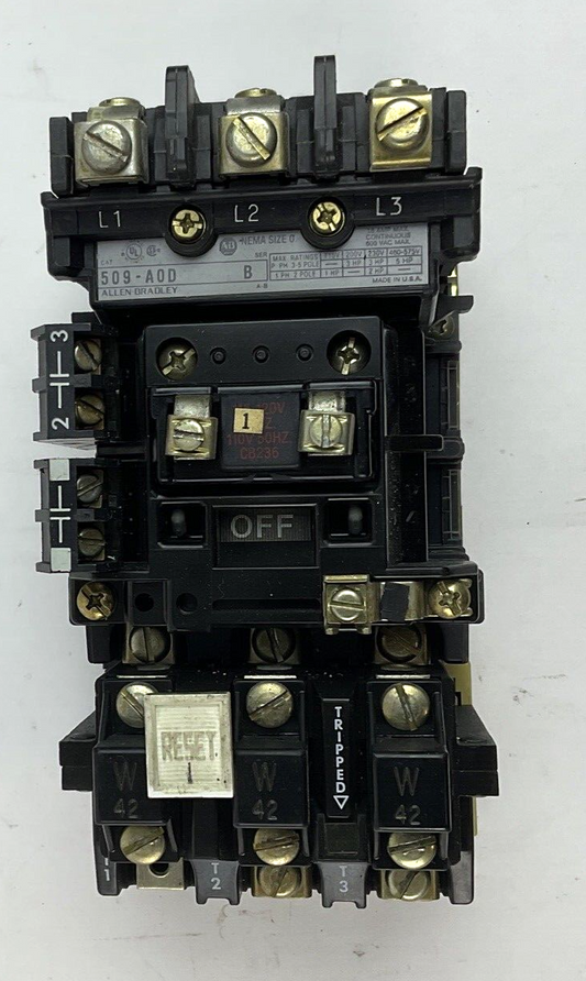 ALLEN BRADLEY 509-A0D STARTER SER.B W/CB236 COIL & AUX. CONTACT 595-A(2)