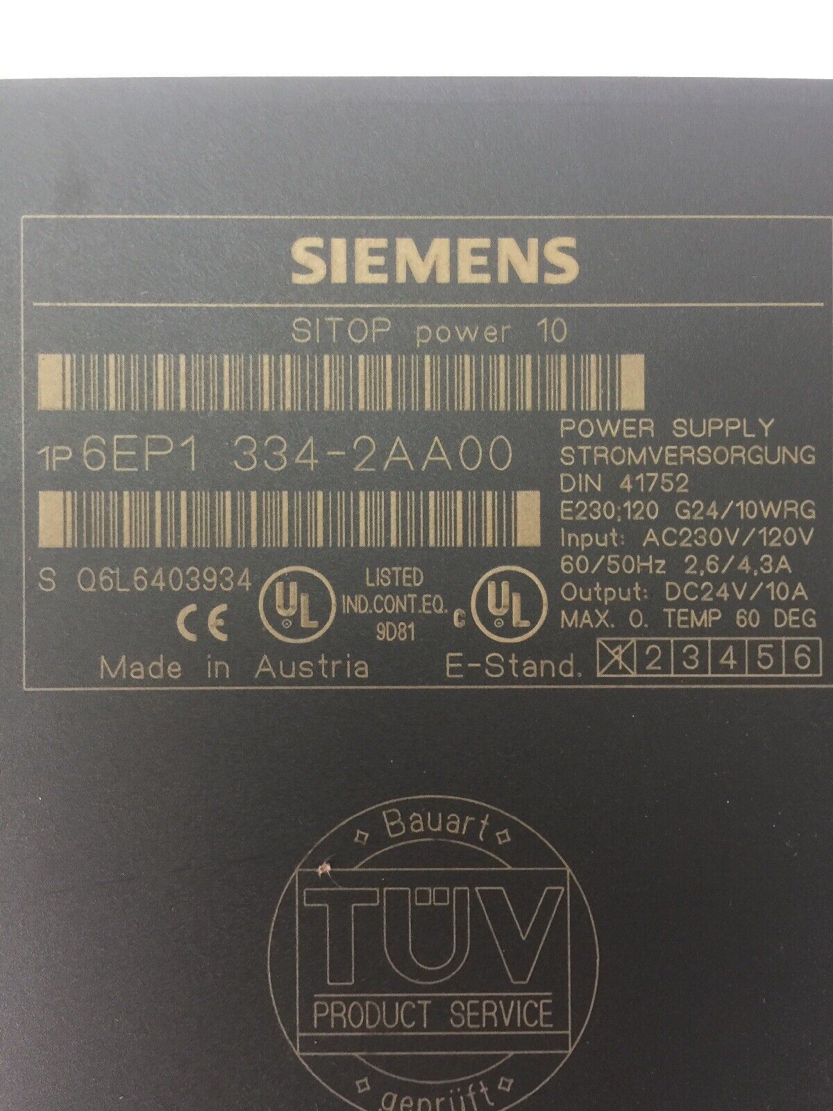 SIEMENS 1P 6EP1 334-2AA00 POWER SUPPLY INPUT 230/120VAC OUTPUT 24VDC 10A