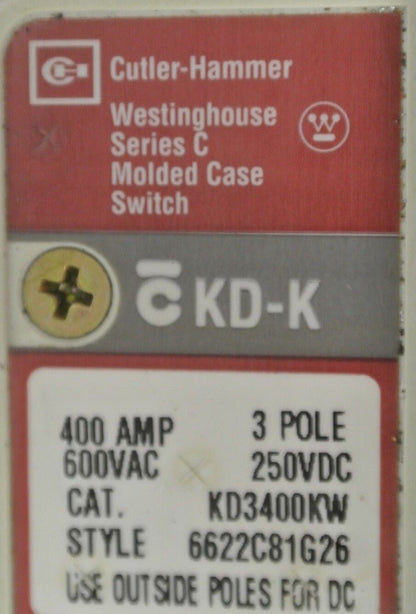 CUTLER-HAMMER / WESTINGHOUSE KD3400KW MOLDED CASE SWITCH - 600VAC 400A 250VDC 3P