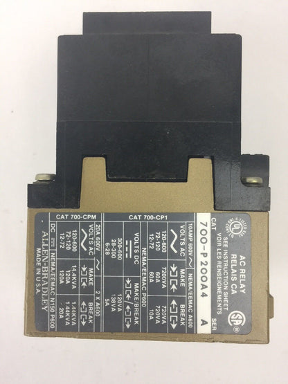 ALLEN BRADLEY 700-P200A4 AC RELAY SER A 460-480V 60HZ COIL