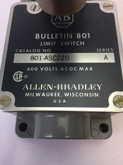 ALLEN BRADLEY 801-ASC220 LIMIT SWITCH ROLLER LEVER 600V AC/DC 1 N.O.-1 N.C. CONT