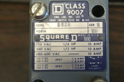 SQUARE D 9007 B52A, Ser. B HEAVY DUTY LIMIT SWITCH / NEW SURPLUS