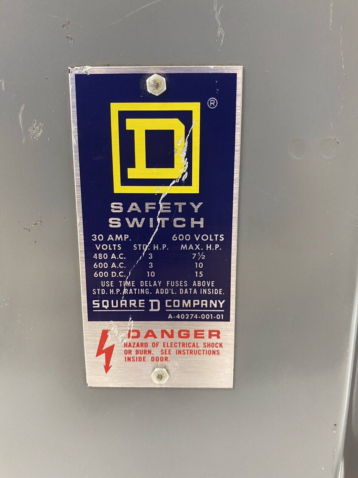 Square D H-261 Series E1 30A 600V Safety Switch