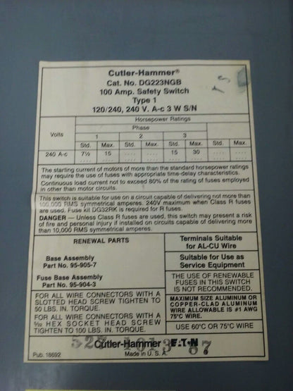 CUTLER HAMMER DG223NGB FUSIBLE SAFETY SWITCH 2P 100A 240V 15HP TYPE 1 ENCLOSURE