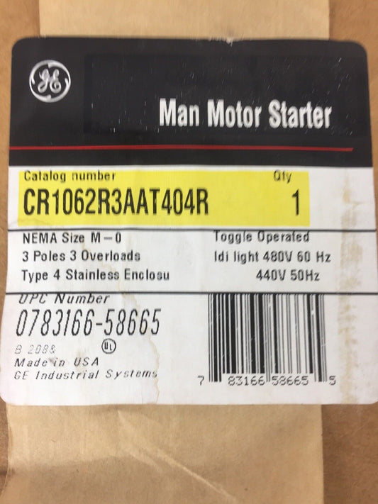 GE CR1062R3AAT404R MAN MOTOR STARTER SIZE M0 3 POLES 3 OVERLOAD TYPE 4 480V 60HZ