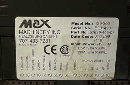 MAX MACHINERY INC 120-200 FLOW INDICATOR CONTROLLER  24VDC 130VAC .4A 50/60HZ