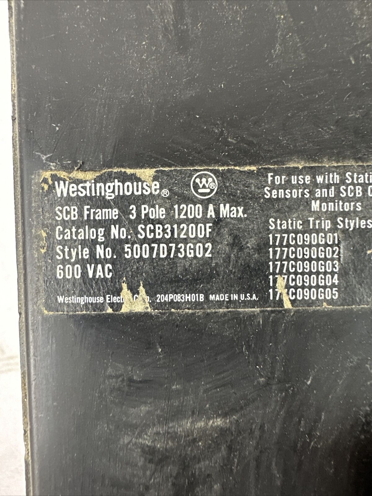 WESTINGHOUSE SCB31200F 1200A 600VAC 3P 5007D73G02 CIRCUIT BREAKER