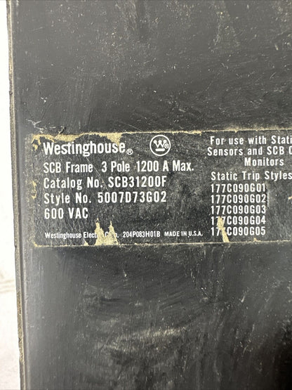 WESTINGHOUSE SCB31200F 1200A 600VAC 3P 5007D73G02 CIRCUIT BREAKER