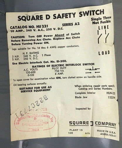 SQUARE D H-221 SAFETY SWITCH SER.A2 30A 240VAC/250VDC 5HP