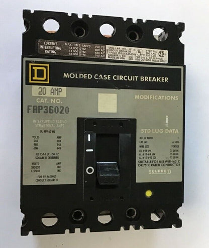 SQUARE D FAP36020 CIRCUIT BREAKER 20A 600V